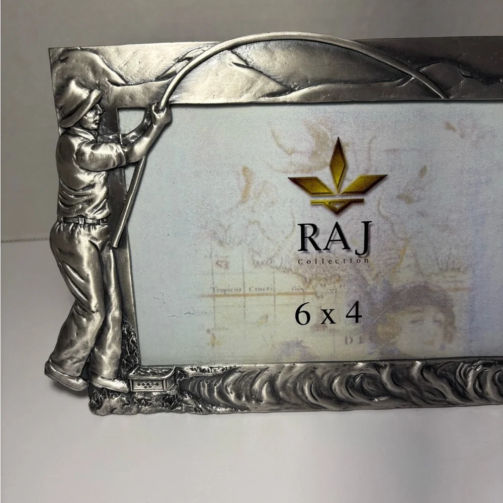 RAJ Fishing Themed Picture Photo Frame Metal Heavy Raised Fisherman Pole Fish